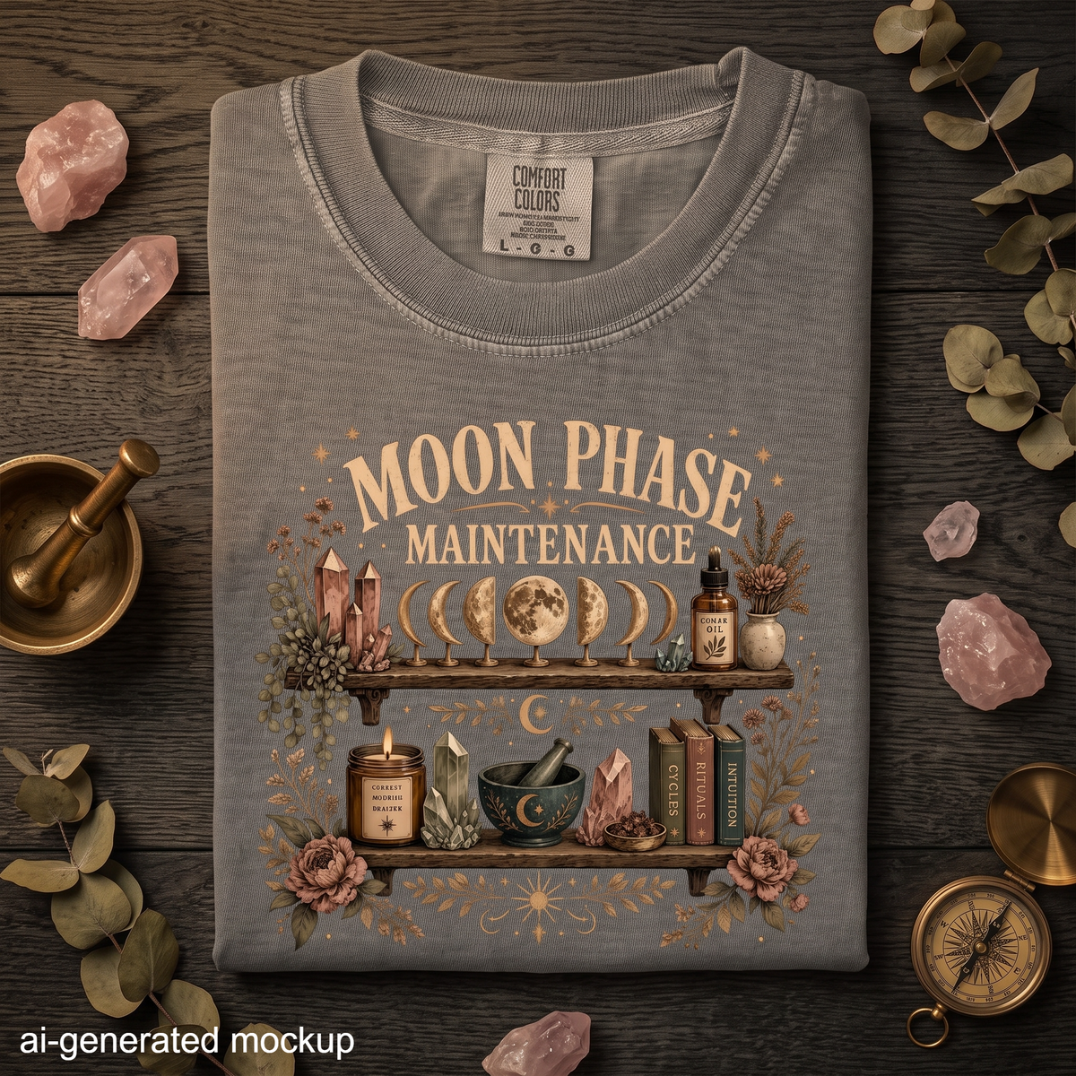 Moon Phase Maintenance T-Shirt - Lunar Cycles, Crystals & Botanical Shelf Design