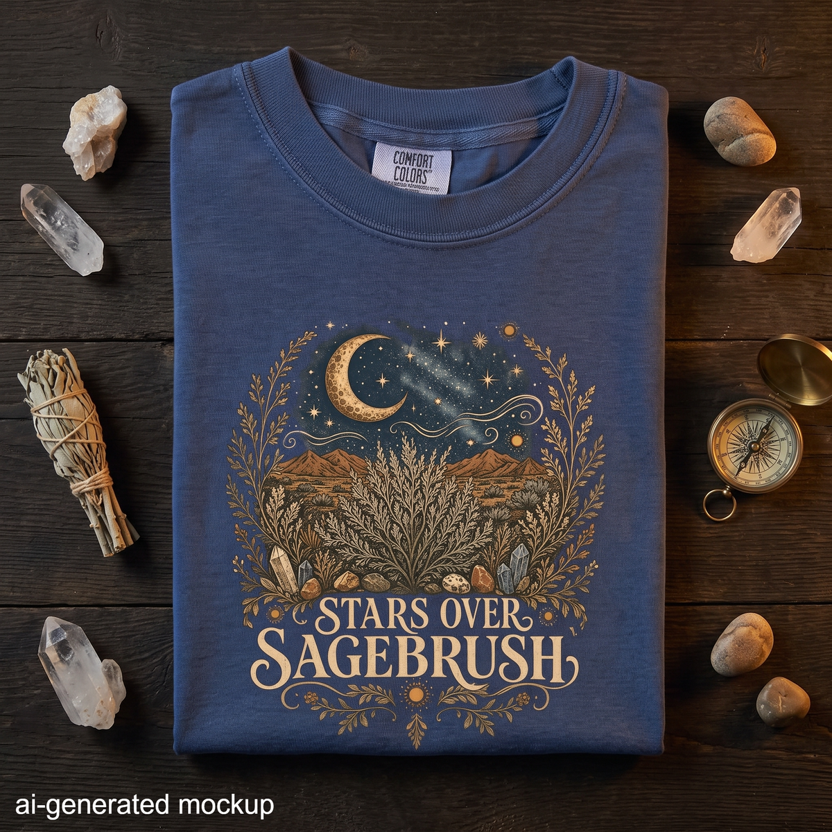 Stars Over Sagebrush T-Shirt - Desert Moon, Western Botanical & Crystal Design
