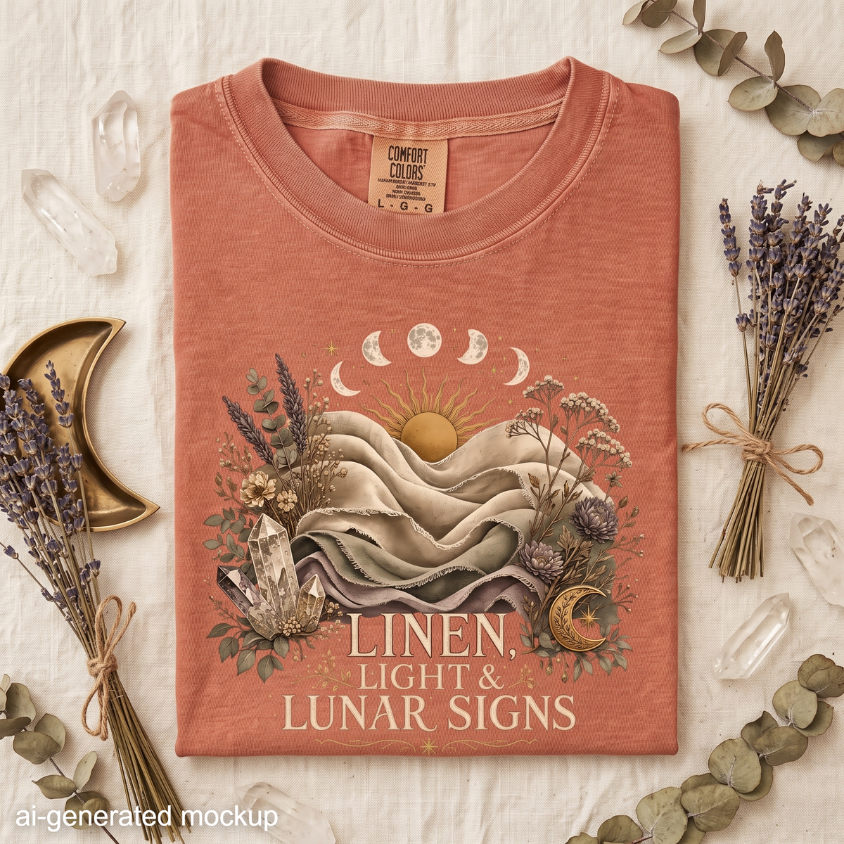 Linen, Light & Lunar Signs T-Shirt - Moon Phases, Sun, Crystals & Botanical Design