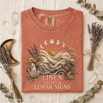 Linen, Light & Lunar Signs T-Shirt - Moon Phases, Sun, Crystals & Botanical Design