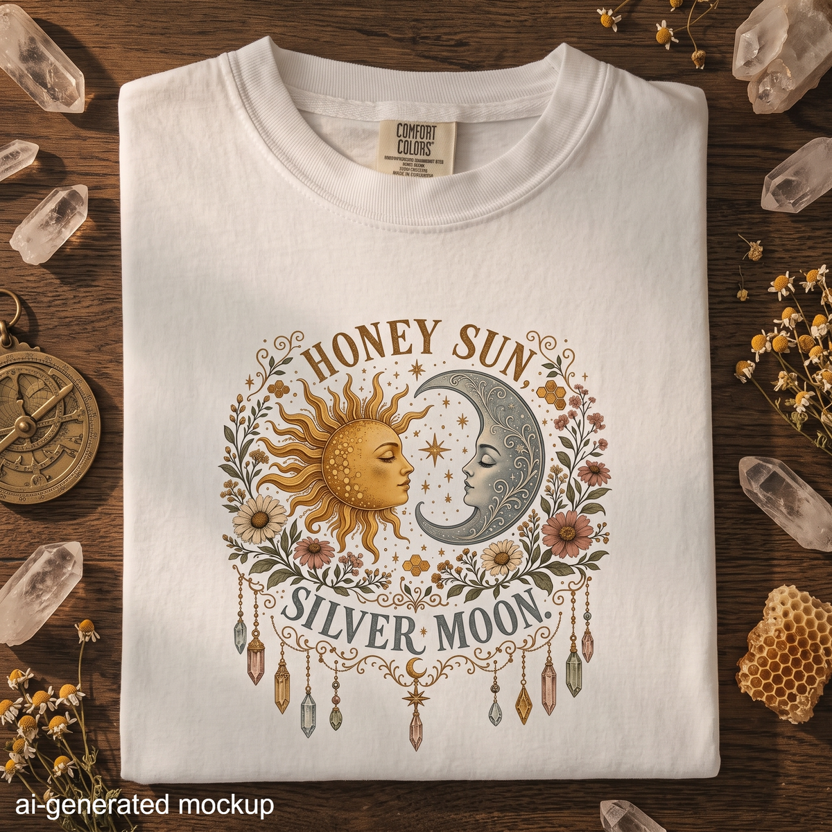 Honey Sun, Silver Moon T-Shirt - Sun & Moon Floral Celestial Design