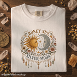 Honey Sun, Silver Moon T-Shirt - Sun & Moon Floral Celestial Design