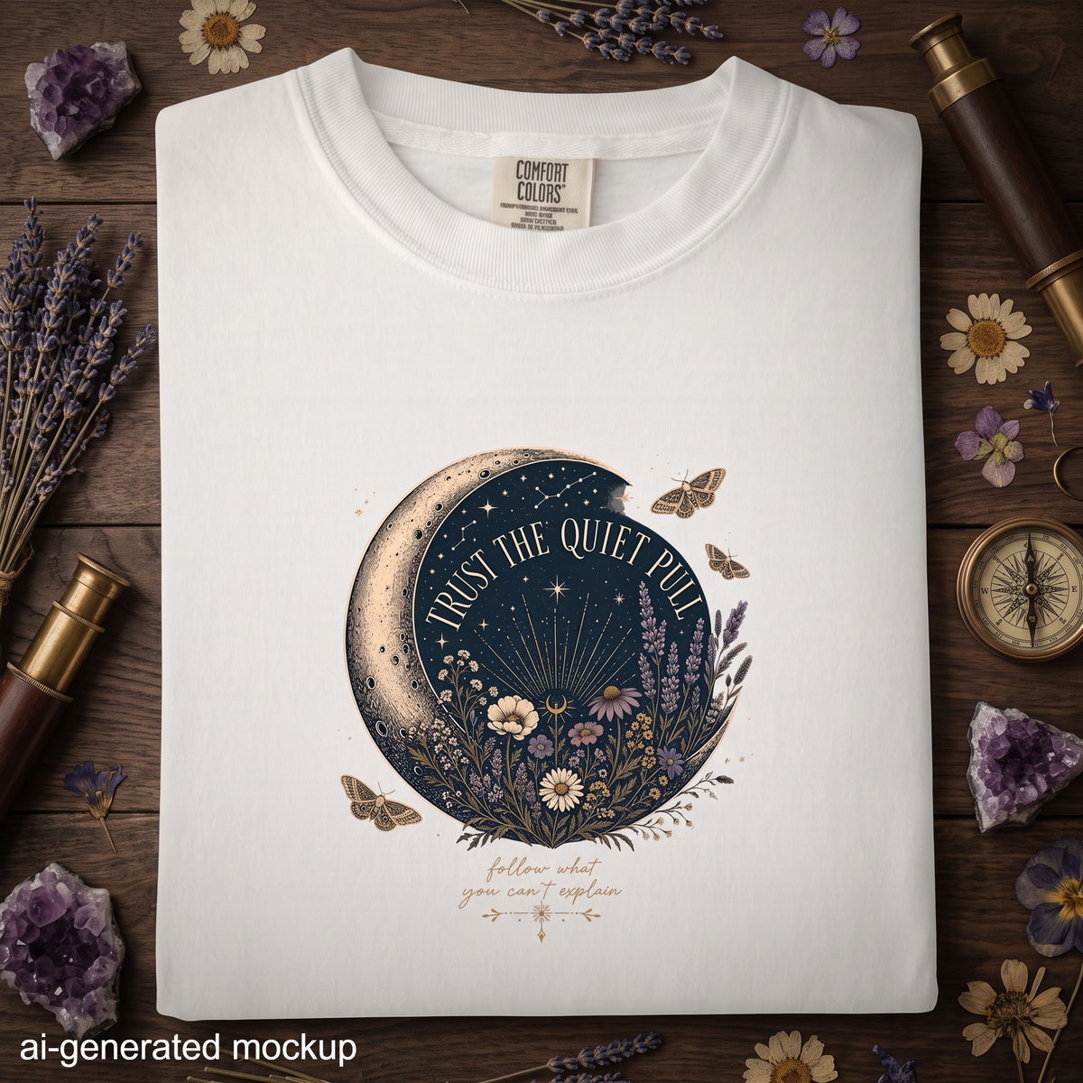 Trust the Quiet Pull T-Shirt - Floral Crescent Moon Celestial Shirt
