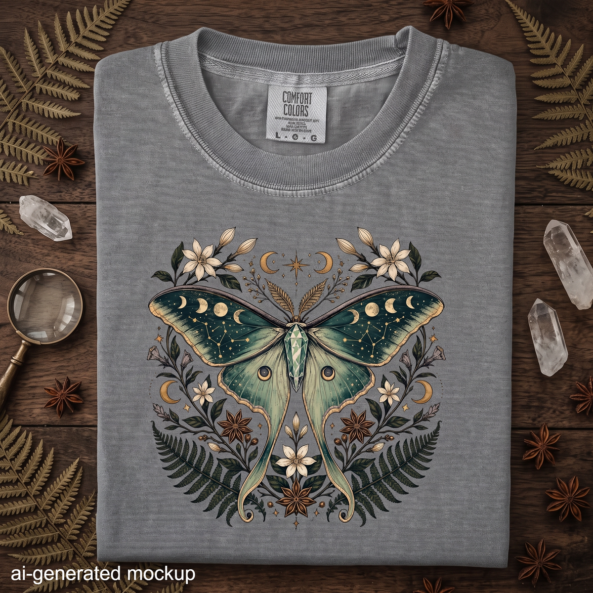 Luna Moth Crystal T-Shirt - Moon Phase Botanical Celestial Shirt