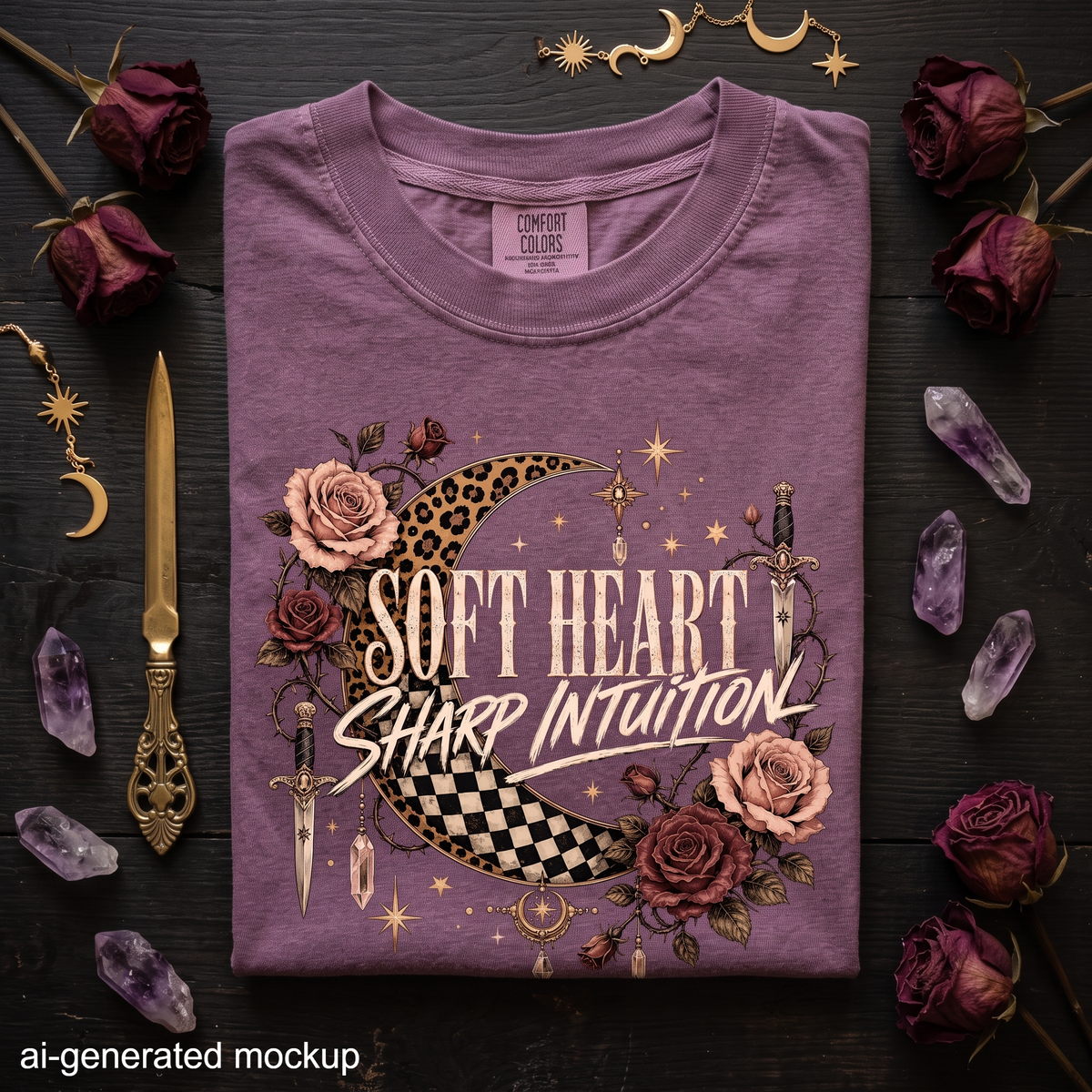 Soft Heart Sharp Intuition T-Shirt - Celestial Rose Moon Shirt