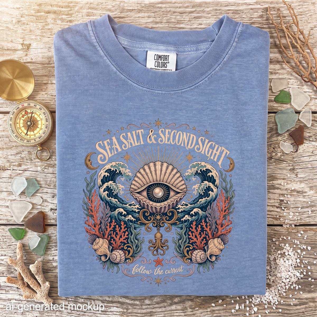 Sea Salt & Second Sight T-Shirt - Coastal Celestial Pearl Ocean Shirt