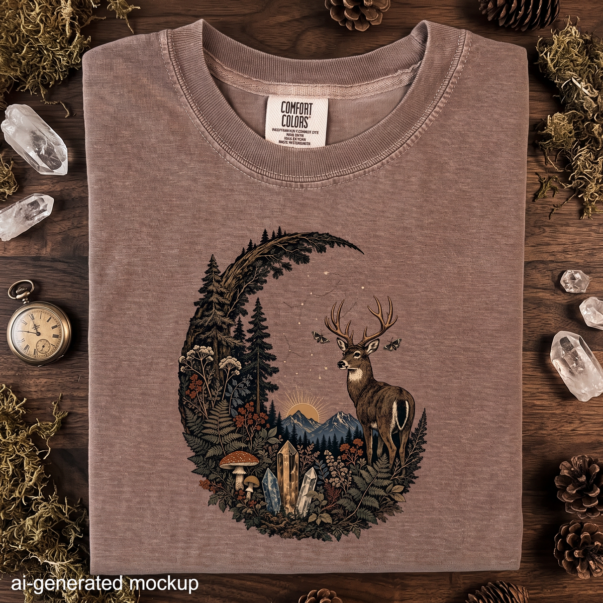 Celestial Forest Deer T-Shirt - Woodland Crystal Botanical Shirt