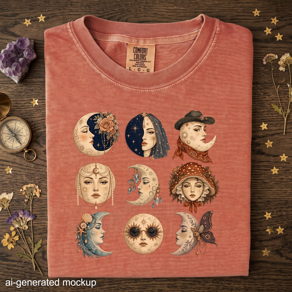 Moonlit Muses T-Shirt - Celestial Moon Woman Portrait Shirt