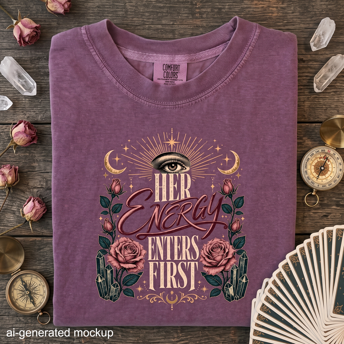 Her Energy Enters First T-Shirt - Celestial Rose Crystal Shirt
