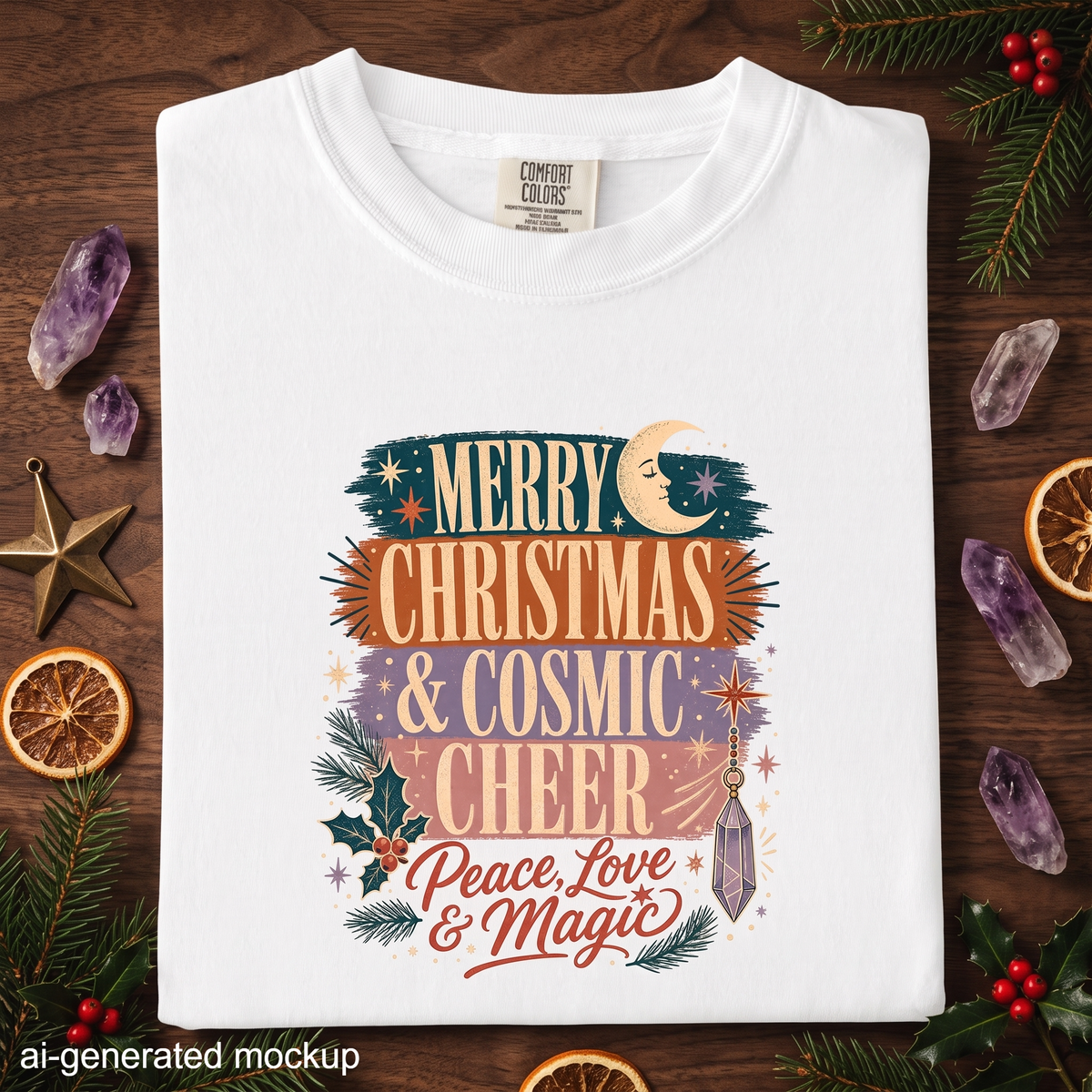 Merry Christmas & Cosmic Cheer T-Shirt - Retro Celestial Holiday Shirt