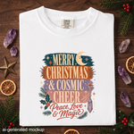 Merry Christmas & Cosmic Cheer T-Shirt - Retro Celestial Holiday Shirt